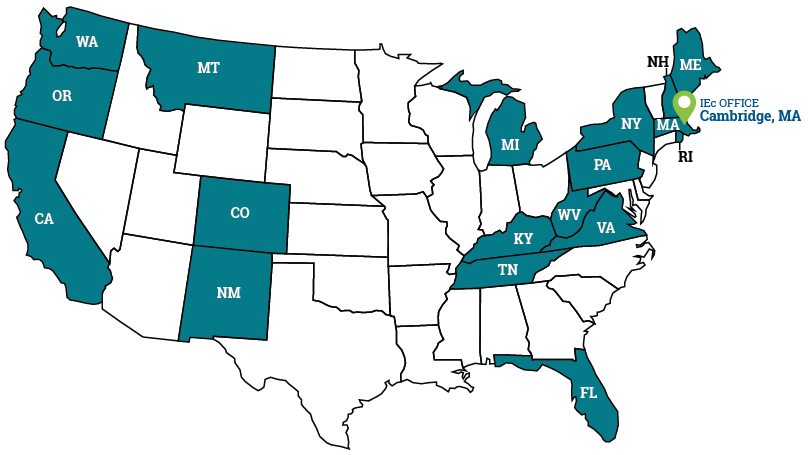 Map of the U.S. showing locations of IEc staff